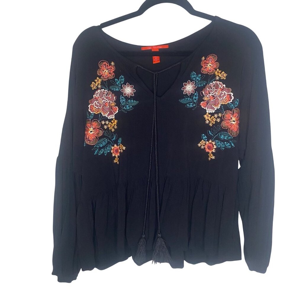 Chelsea & Violet Top Womens M Black Floral Embroidered‎ Long Sleeve Boho Flowy